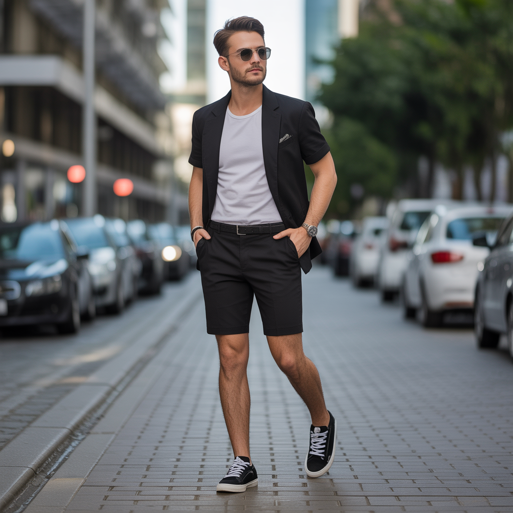 black shorts outfit men