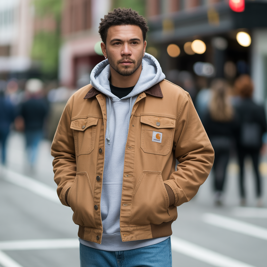 brown carhartt jacket outfit