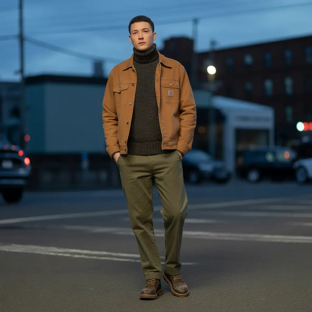brown carhartt jacket outfit