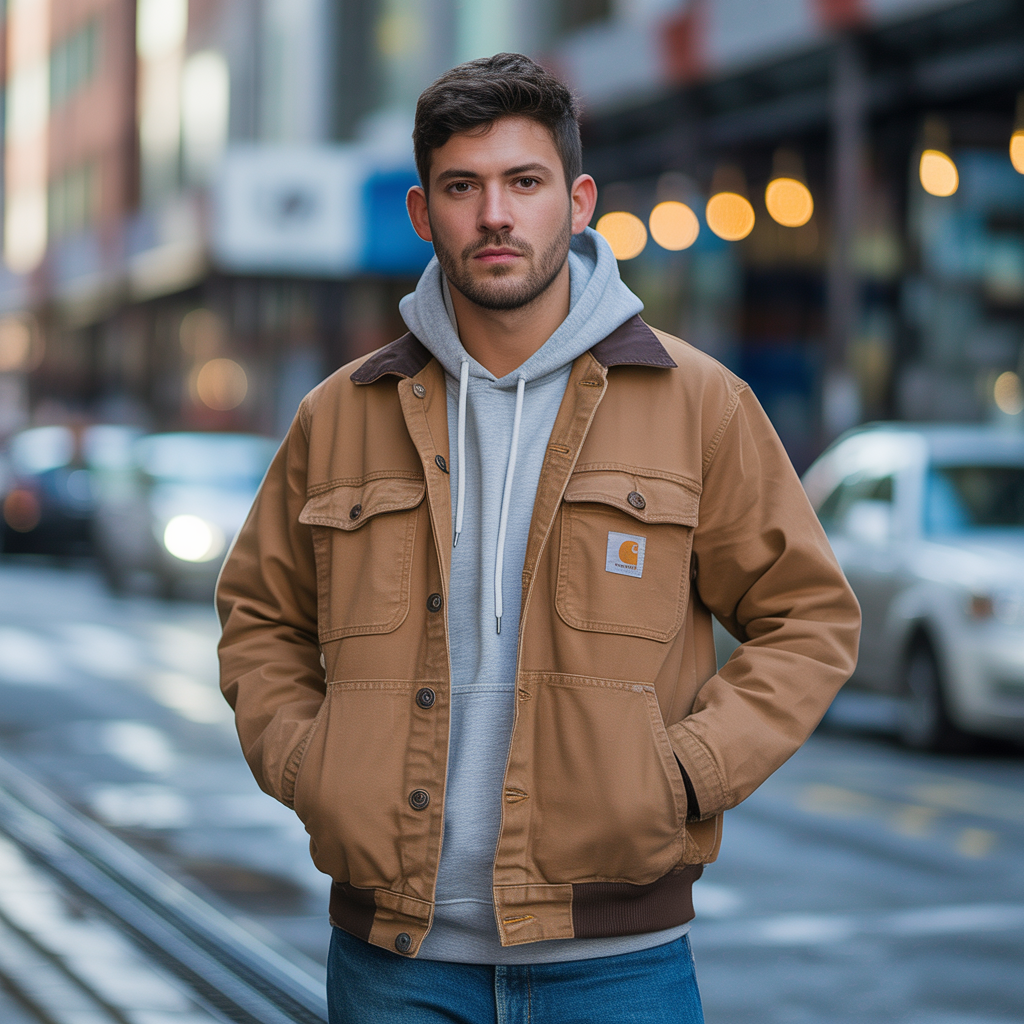 brown carhartt jacket outfit