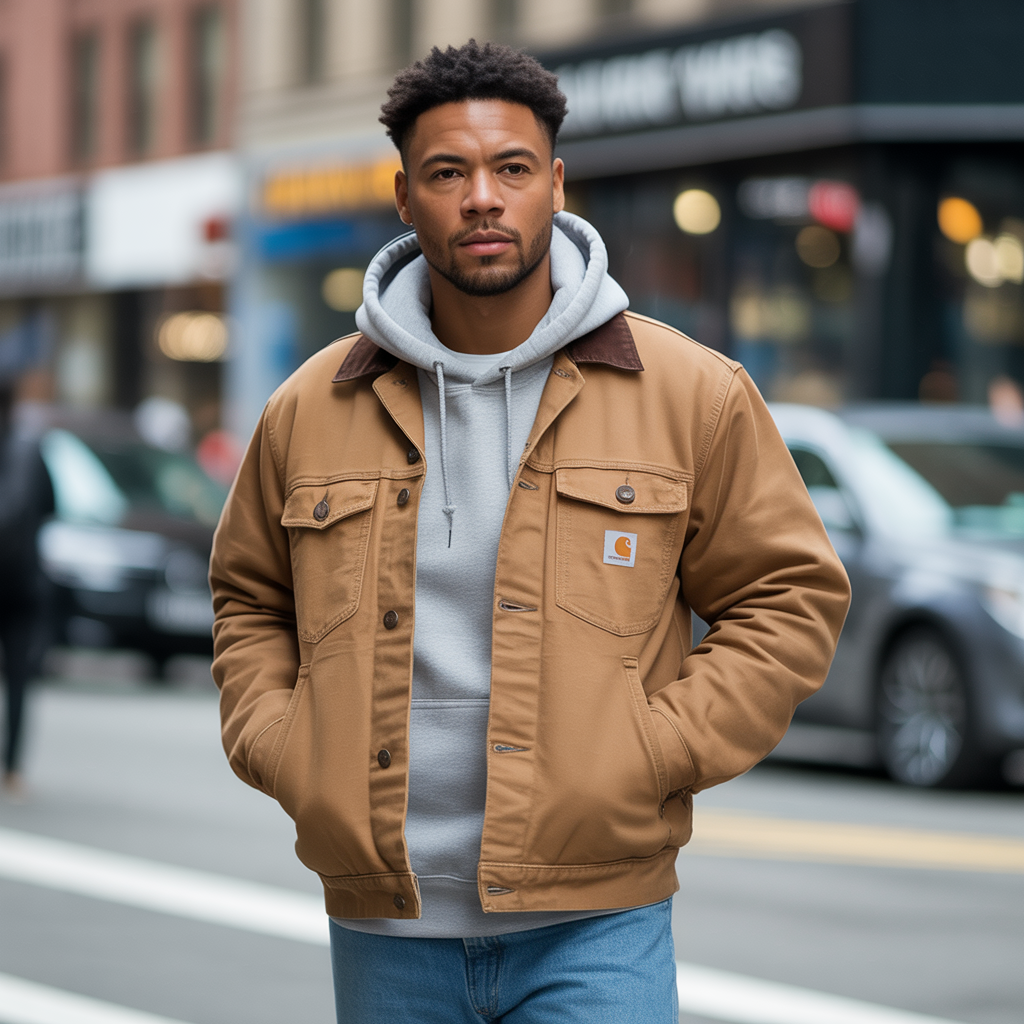 brown carhartt jacket outfit