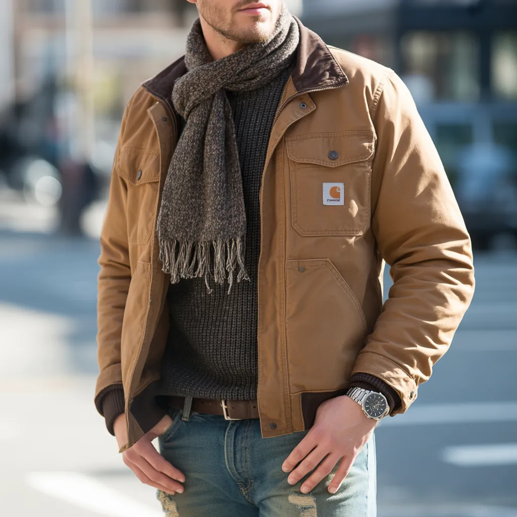 brown carhartt jacket outfit