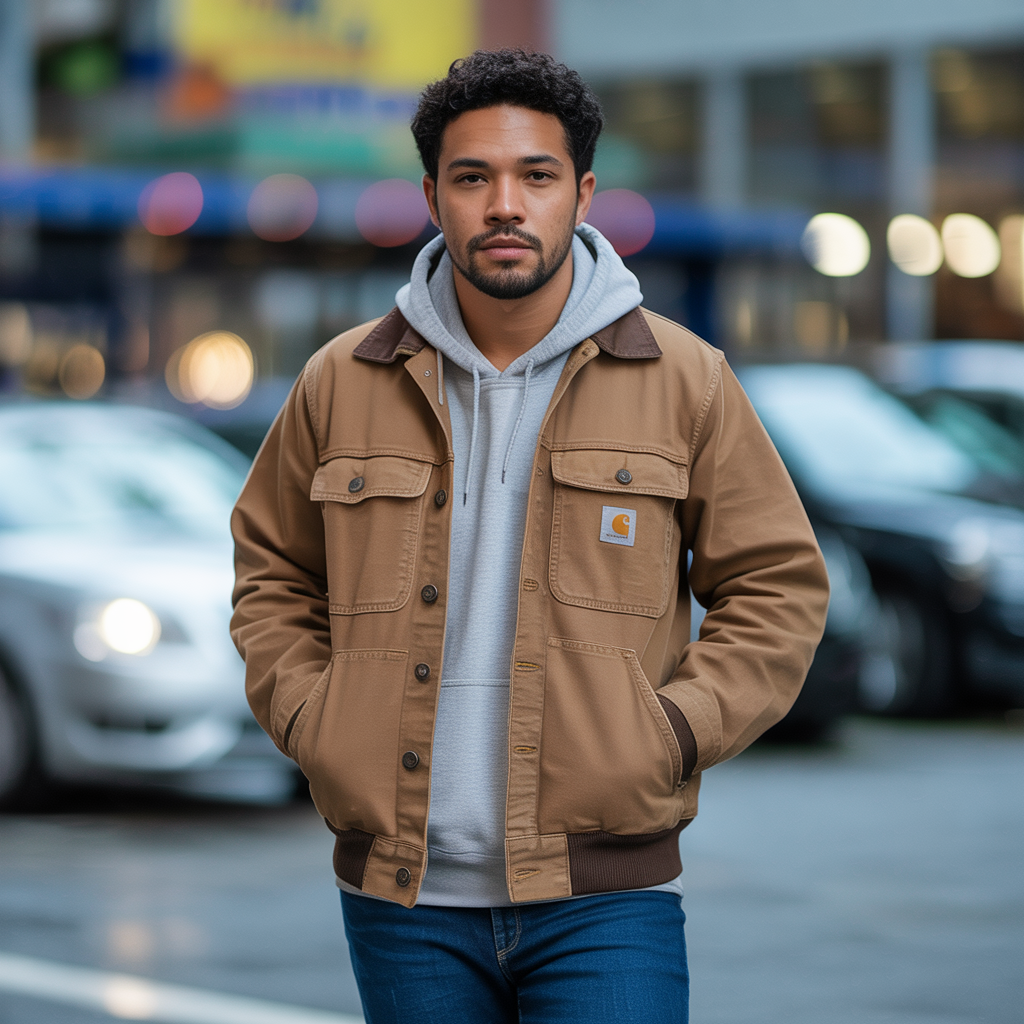 brown carhartt jacket outfit
