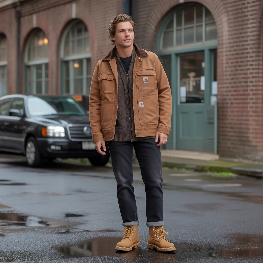 brown carhartt jacket outfit