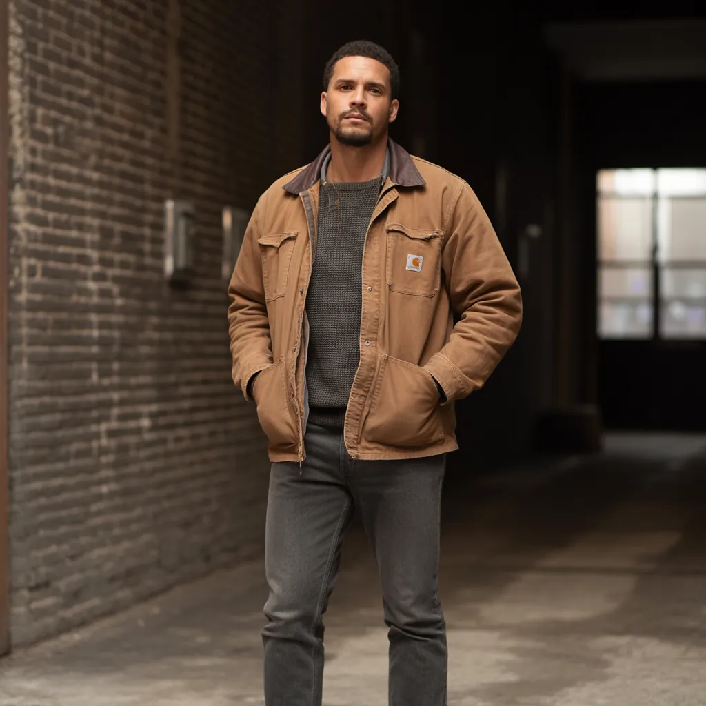 brown carhartt jacket outfit