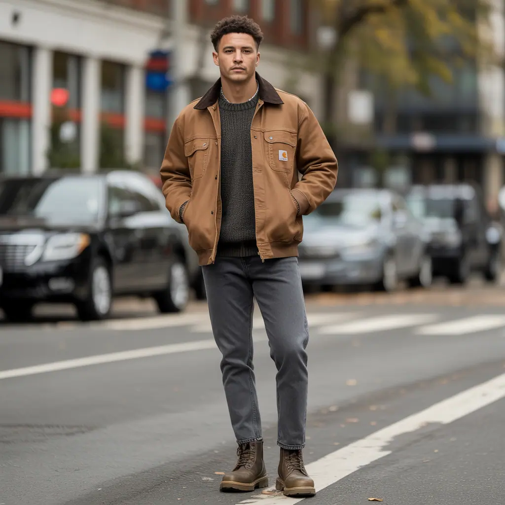 brown carhartt jacket outfit