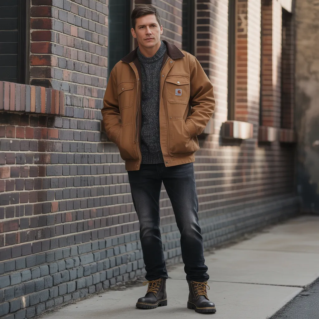 brown carhartt jacket outfit