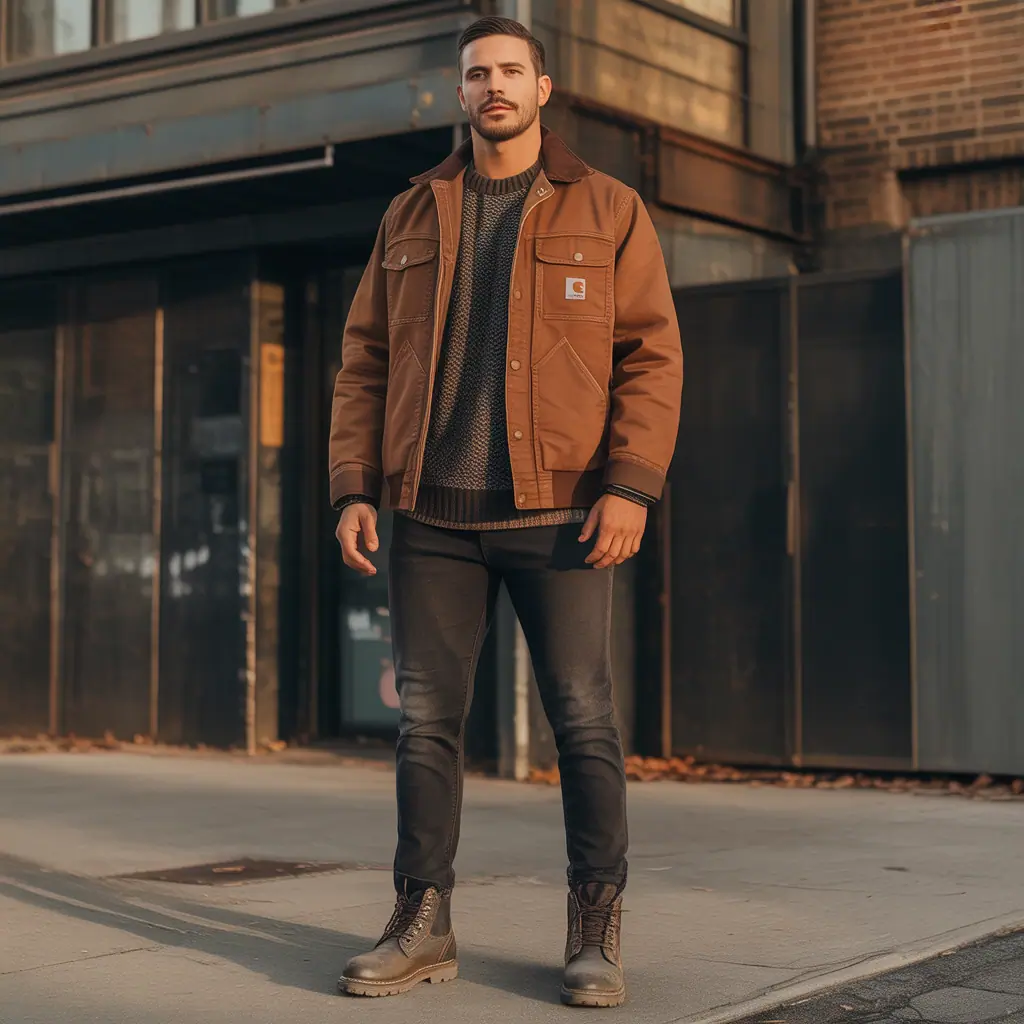 brown carhartt jacket outfit