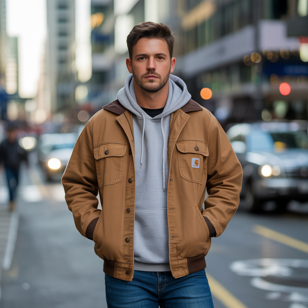 brown carhartt jacket outfit