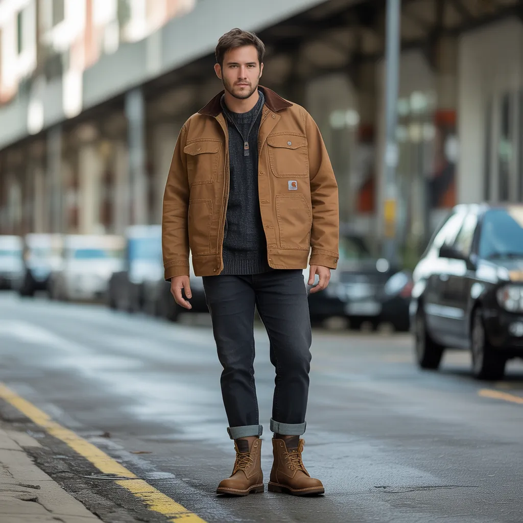 brown carhartt jacket outfit