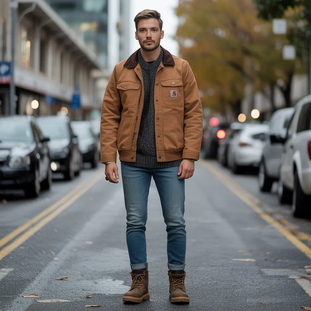 brown carhartt jacket outfit