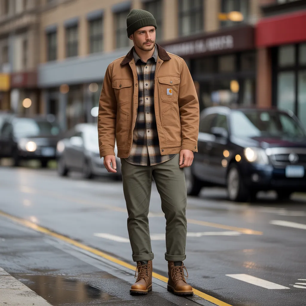 brown carhartt jacket outfit