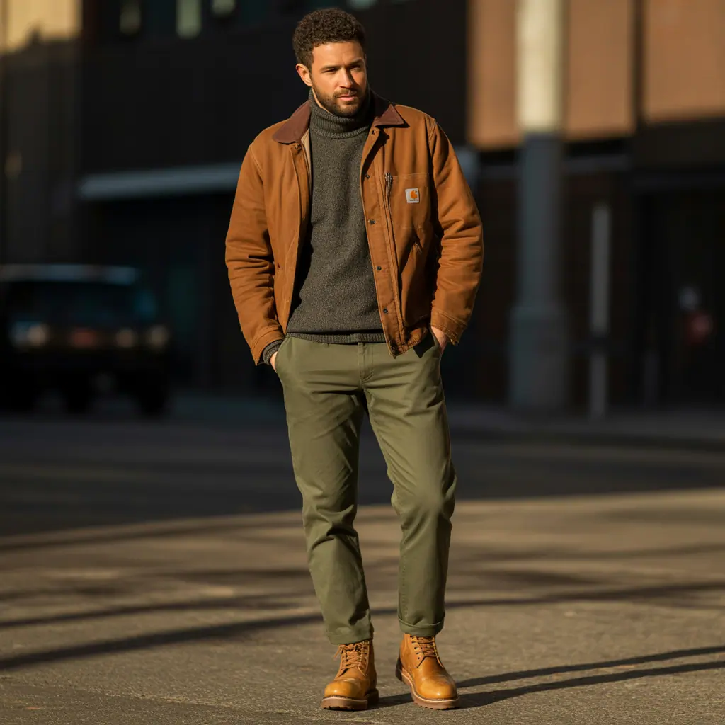 brown carhartt jacket outfit