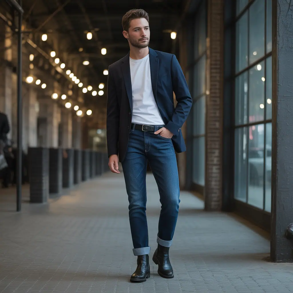 dark blue jeans outfit men