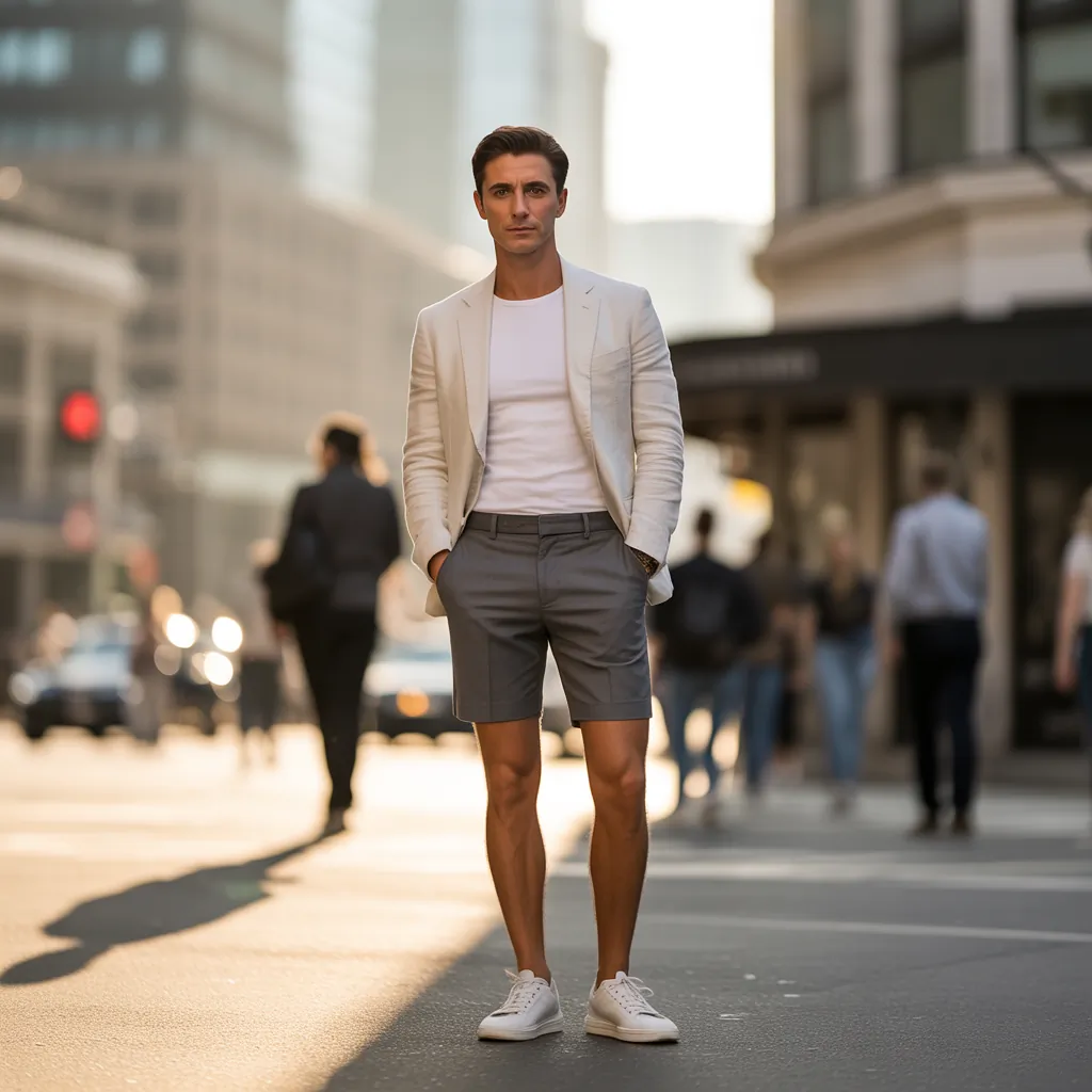 grey shorts outfit men