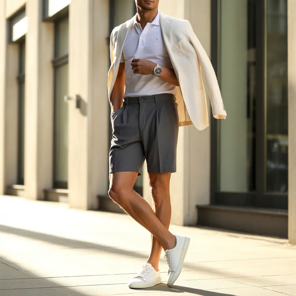 grey shorts outfit men