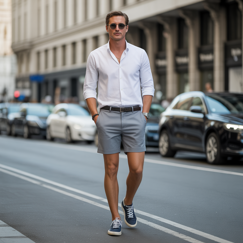grey shorts outfit men