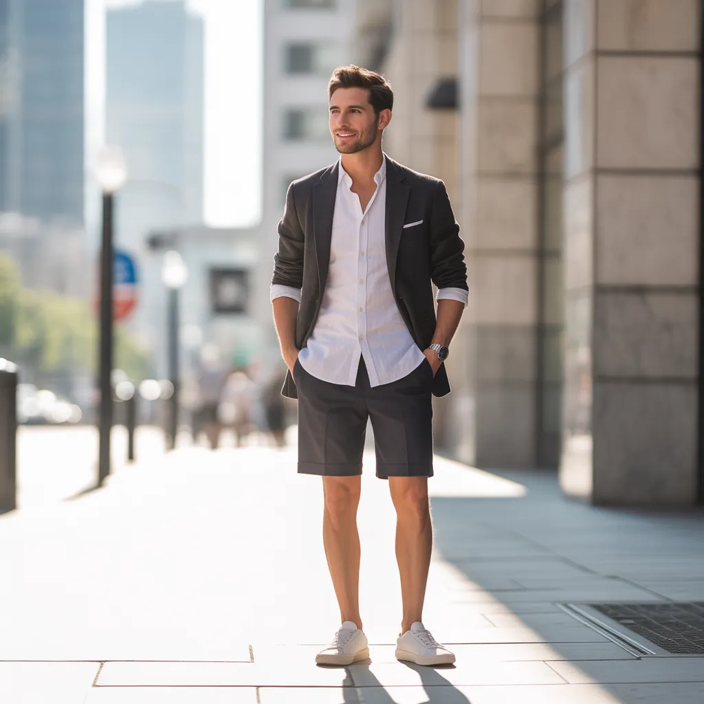 grey shorts outfit men