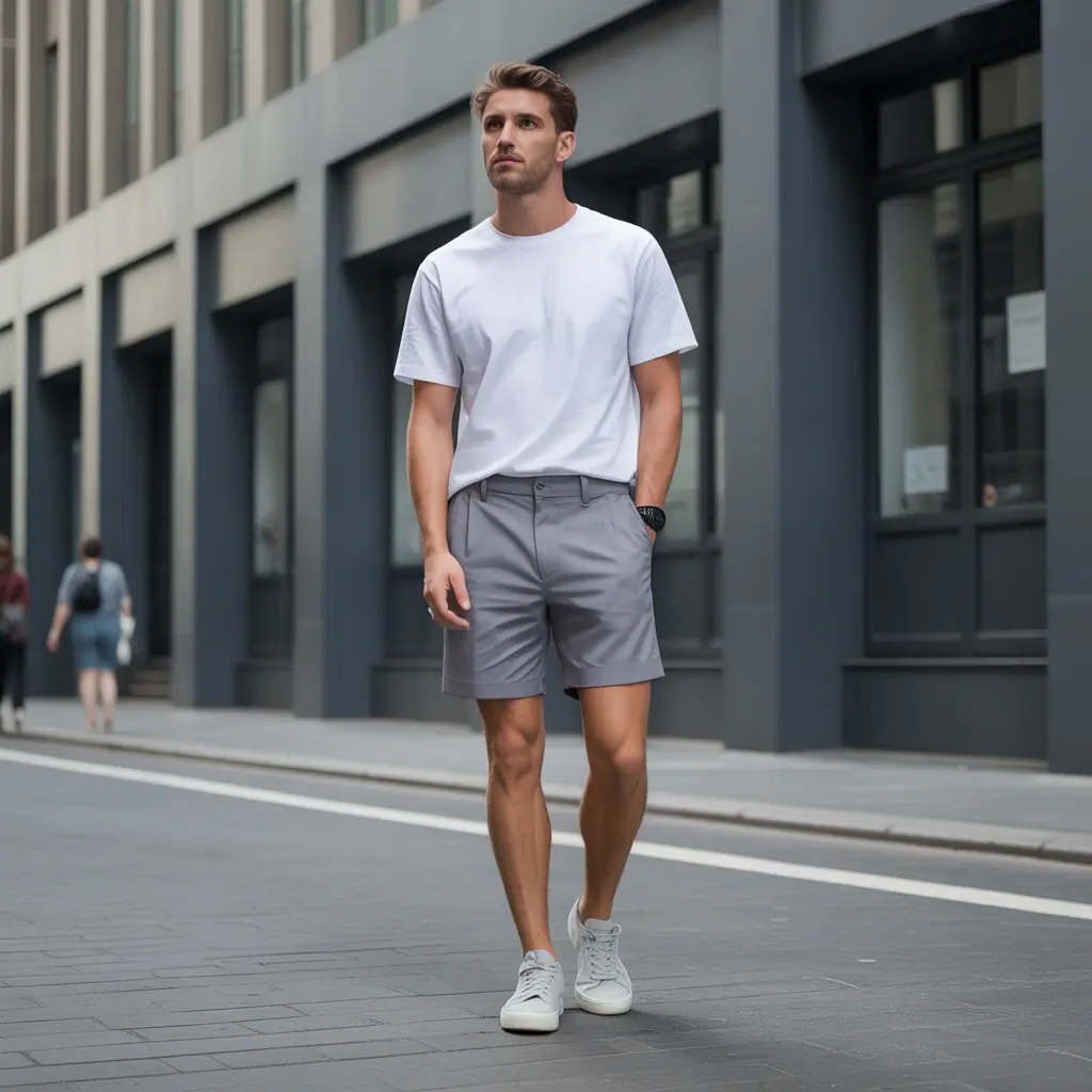 grey shorts outfit men