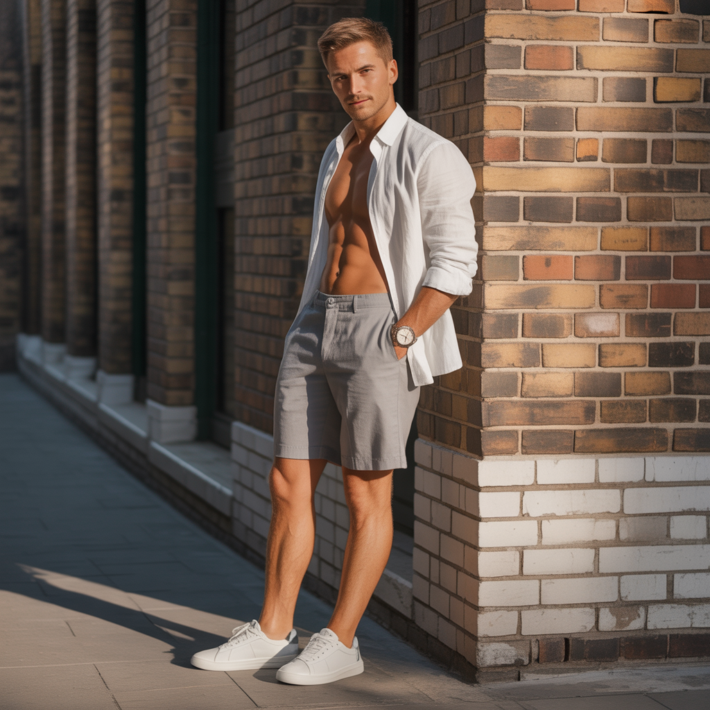 grey shorts outfit men