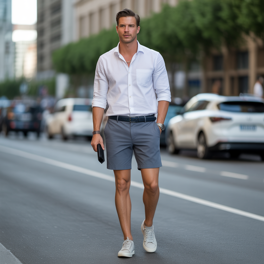 grey shorts outfit men