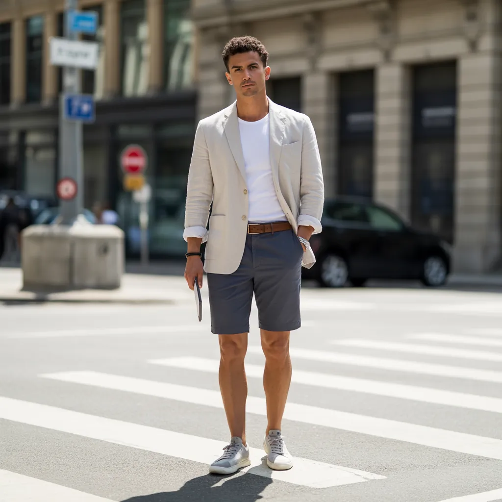 grey shorts outfit men