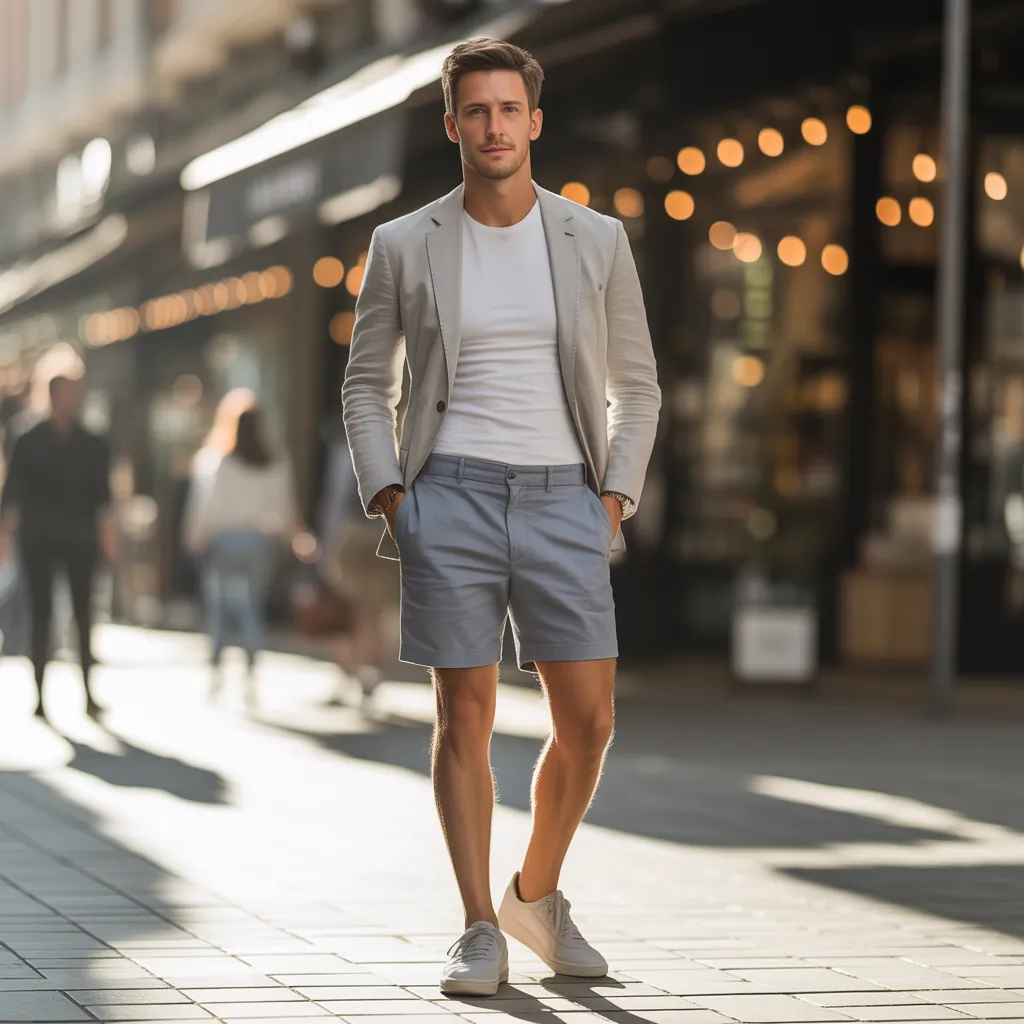 grey shorts outfit men