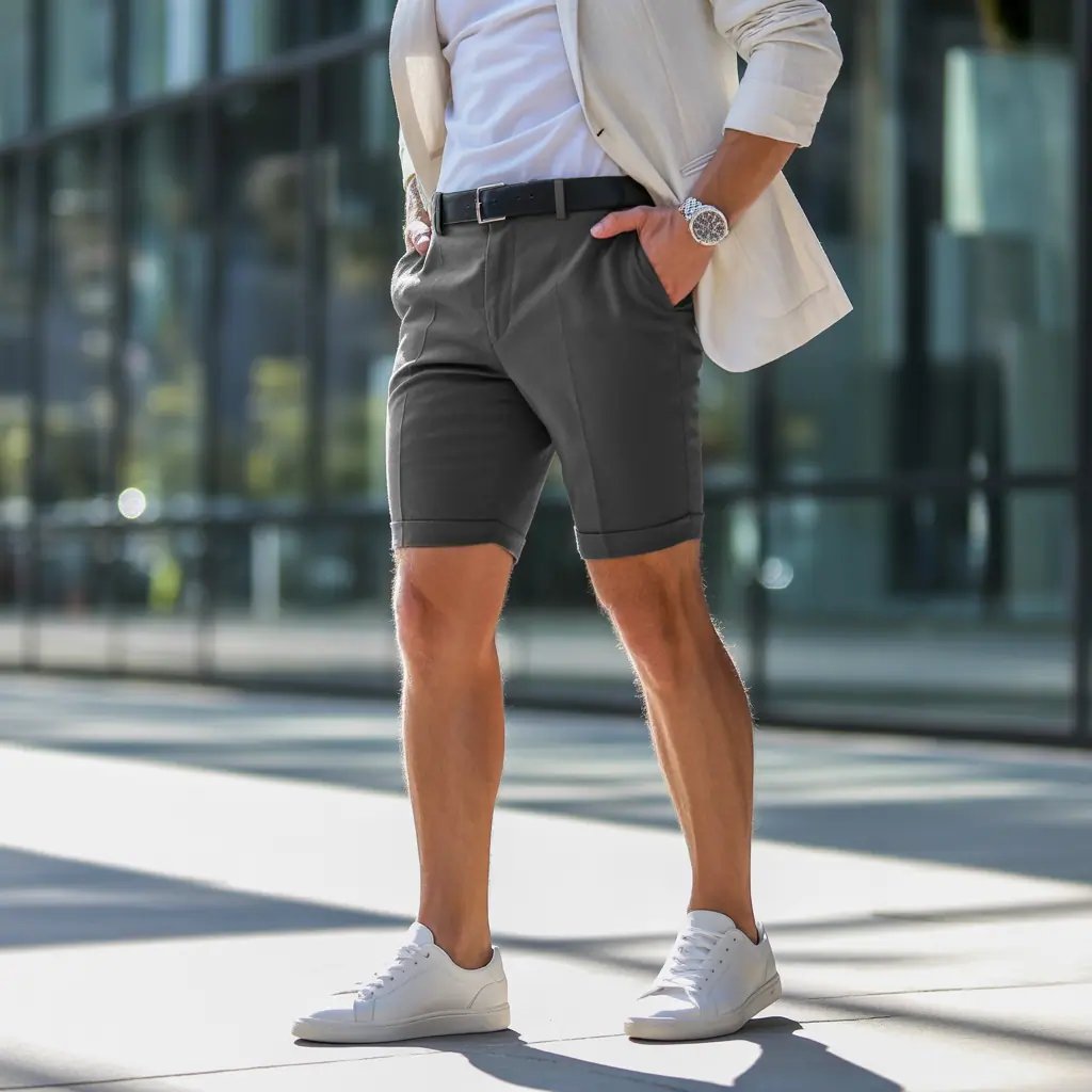 grey shorts outfit men