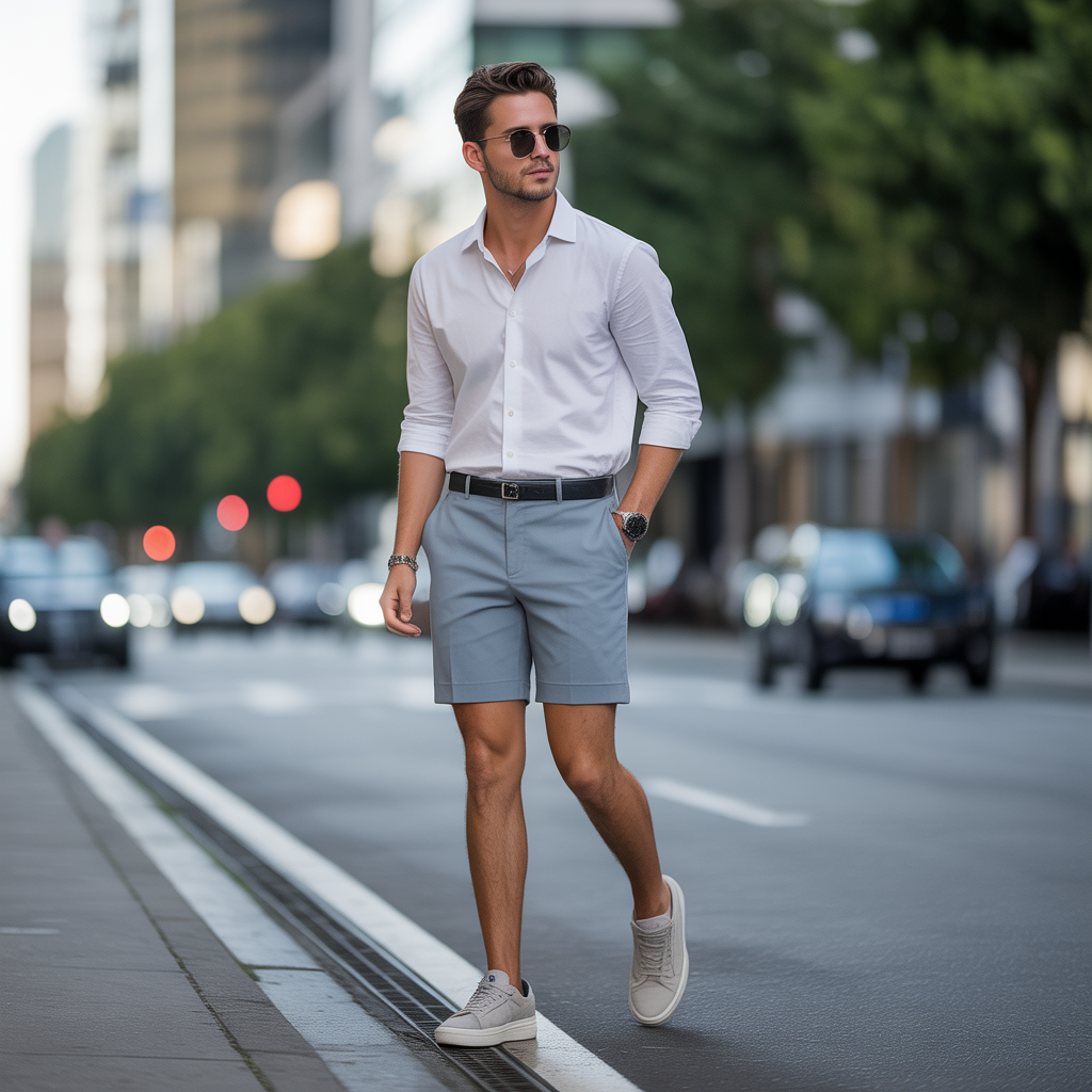 grey shorts outfit men