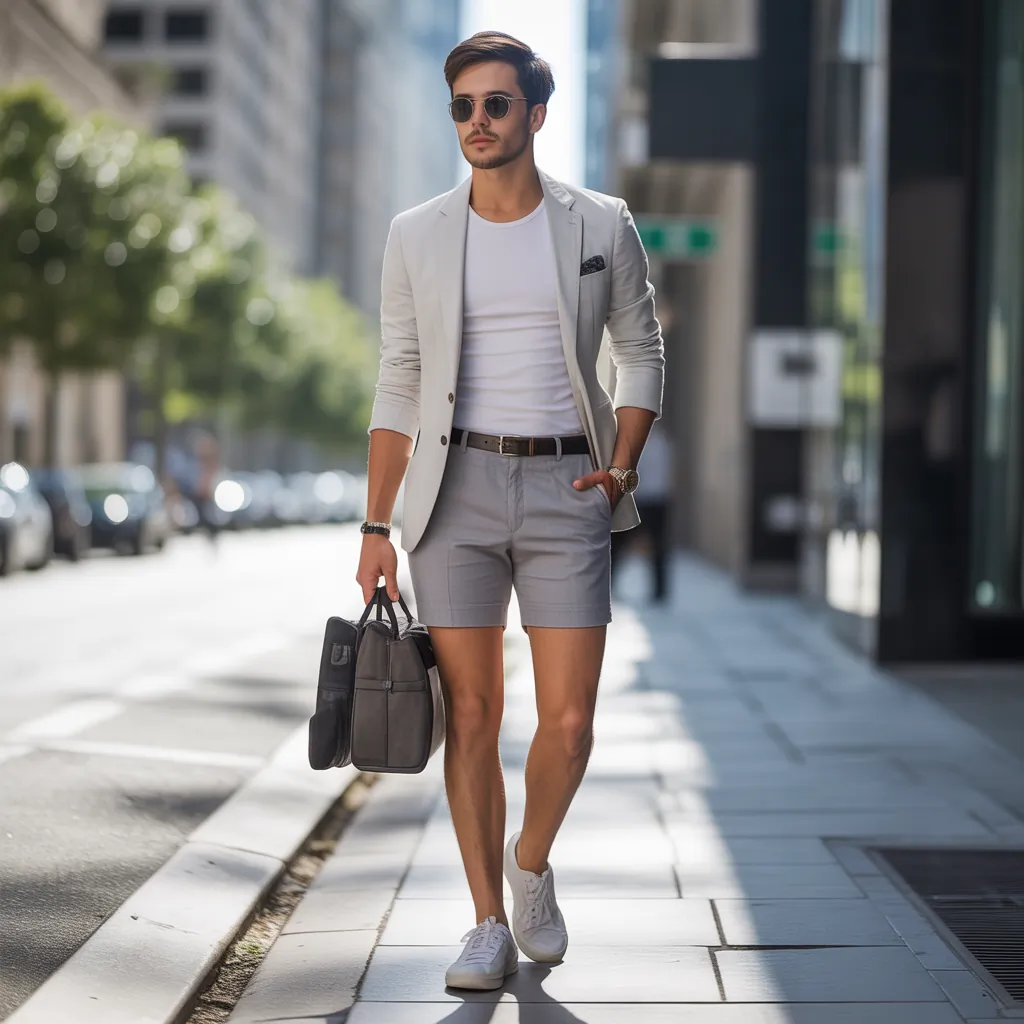 grey shorts outfit men