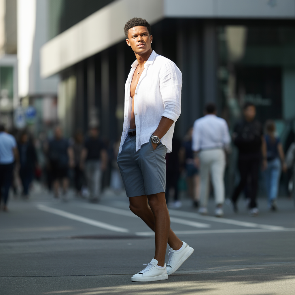 grey shorts outfit men