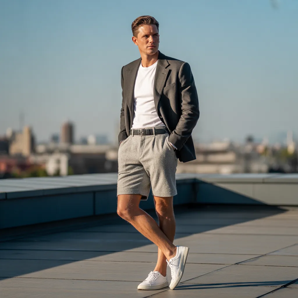 grey shorts outfit men