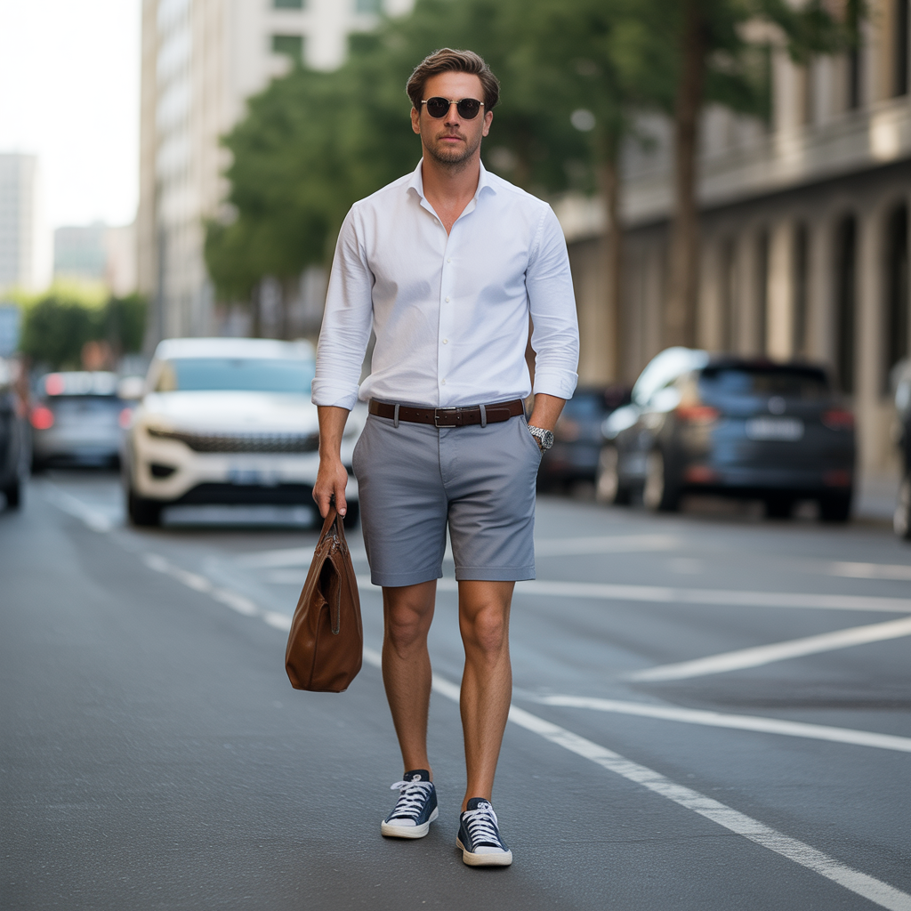 grey shorts outfit men