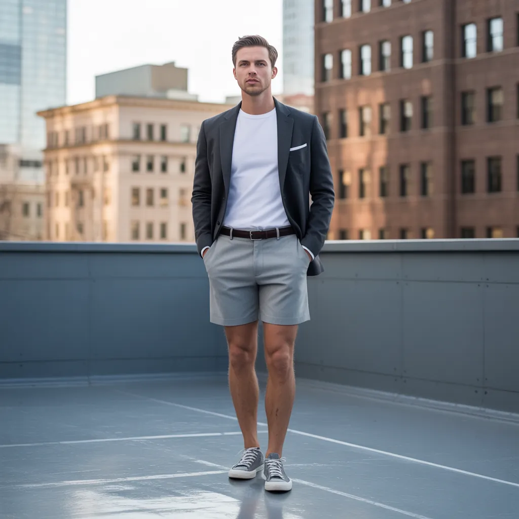 grey shorts outfit men