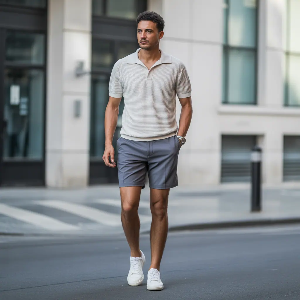 grey shorts outfit men