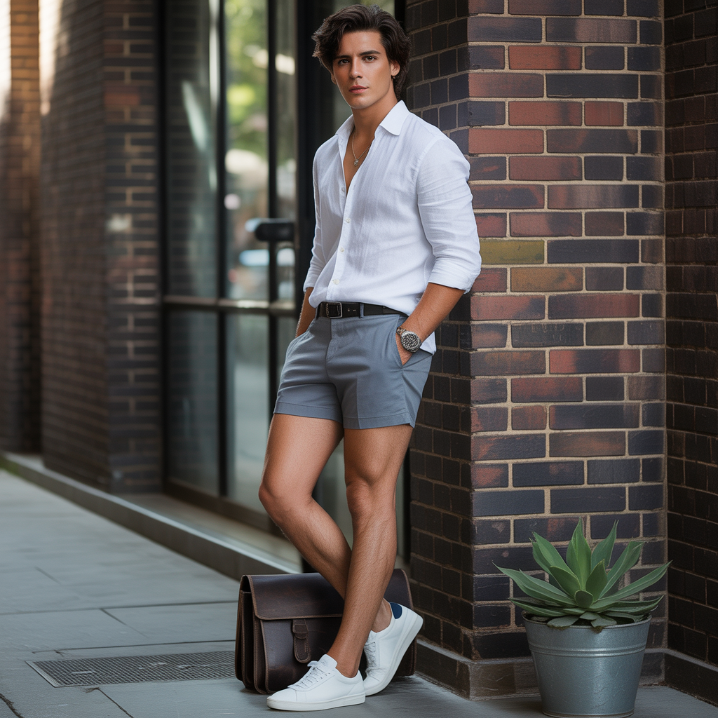 grey shorts outfit men