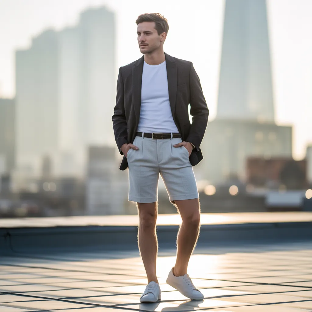 grey shorts outfit men