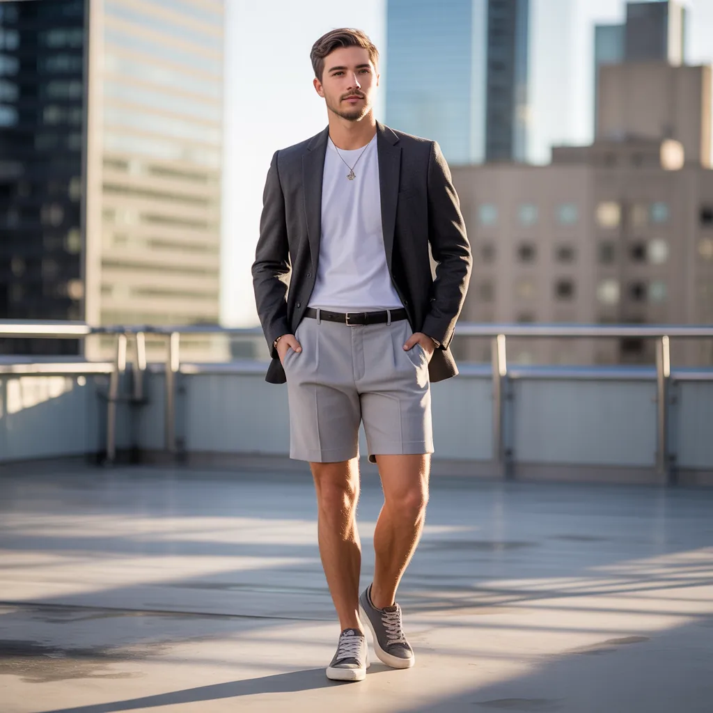grey shorts outfit men