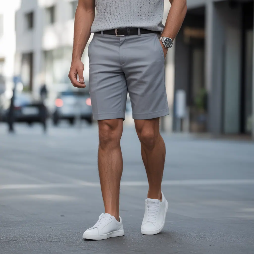 grey shorts outfit men