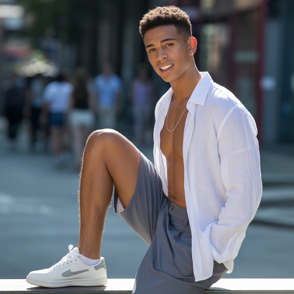 grey shorts outfit men