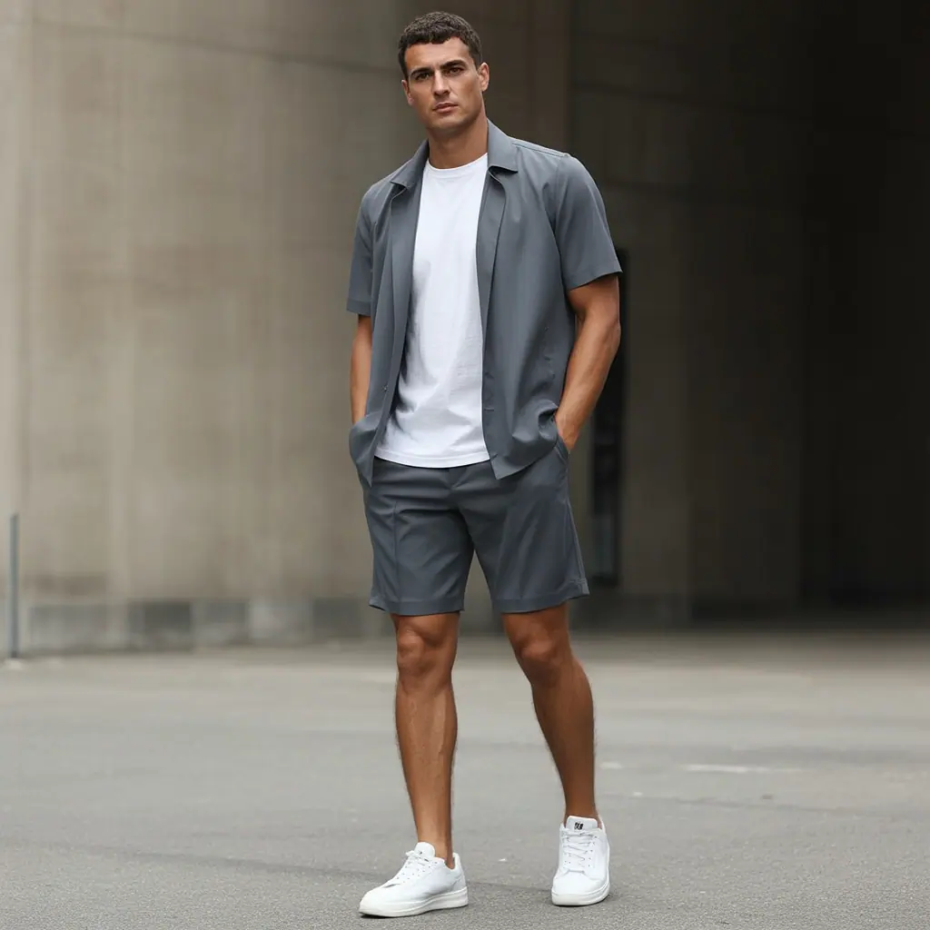 grey shorts outfit men
